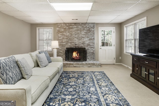10530 Tuxford Dr, Alpharetta, GA 30022 - living area with a drop ceiling, carpet flooring, and a fireplace