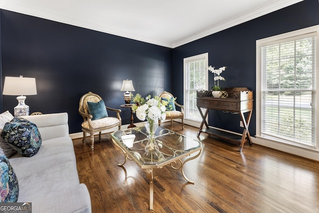 10530 Tuxford Dr, Alpharetta, GA 30022 - living room featuring healthy amount of natural light, wood finished floors, and ornamental molding