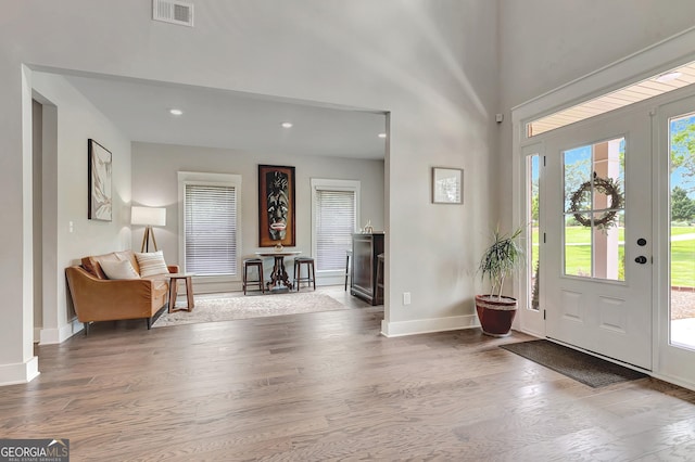 29 Peppertree Dr, Newnan, GA 30265 - foyer entrance with wood finished floors, plenty of natural light, recessed lighting, and a towering ceiling