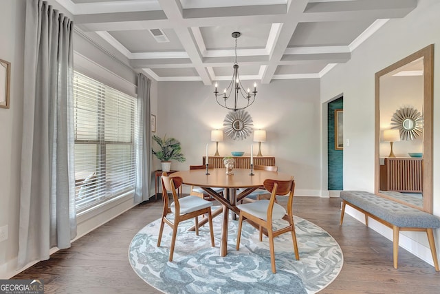 29 Peppertree Dr, Newnan, GA 30265 - dining room featuring a chandelier, dark wood-type flooring, beamed ceiling, and coffered ceiling