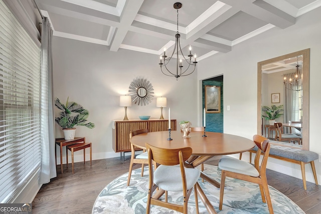 29 Peppertree Dr, Newnan, GA 30265 - dining area featuring a chandelier, coffered ceiling, beam ceiling, and wood finished floors