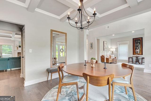 29 Peppertree Dr, Newnan, GA 30265 - dining area with coffered ceiling, wood finished floors, beam ceiling, and a chandelier