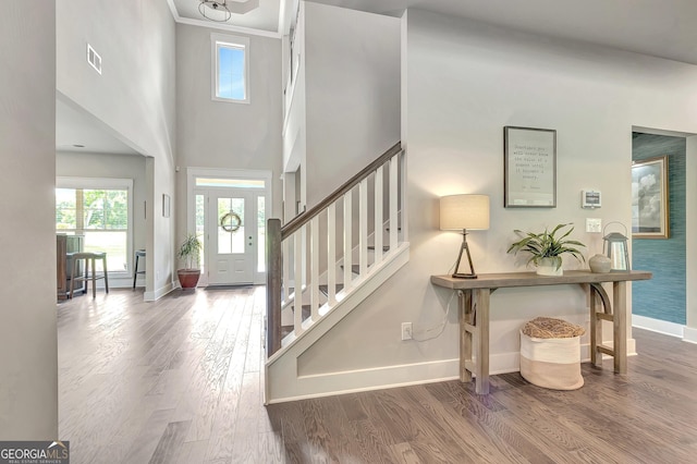 29 Peppertree Dr, Newnan, GA 30265 - entrance foyer with plenty of natural light, wood finished floors, stairs, and crown molding
