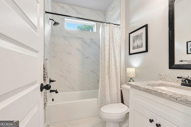 29 Peppertree Dr, Newnan, GA 30265 - bathroom featuring marble finish flooring, vanity, and shower / bath combo with shower curtain