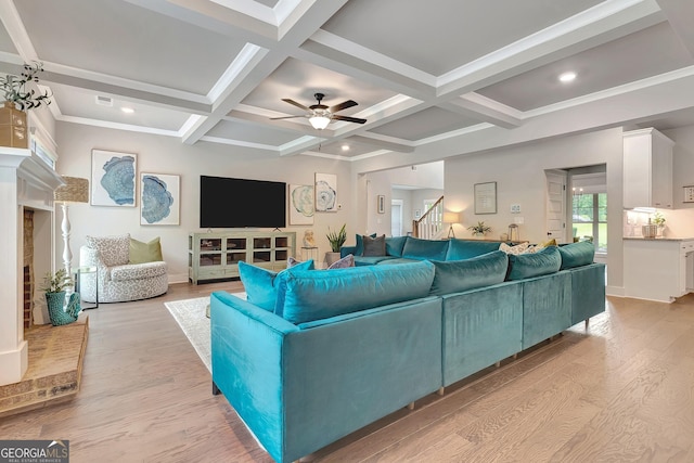 29 Peppertree Dr, Newnan, GA 30265 - living area featuring light wood-style floors, ceiling fan, beam ceiling, coffered ceiling, and recessed lighting