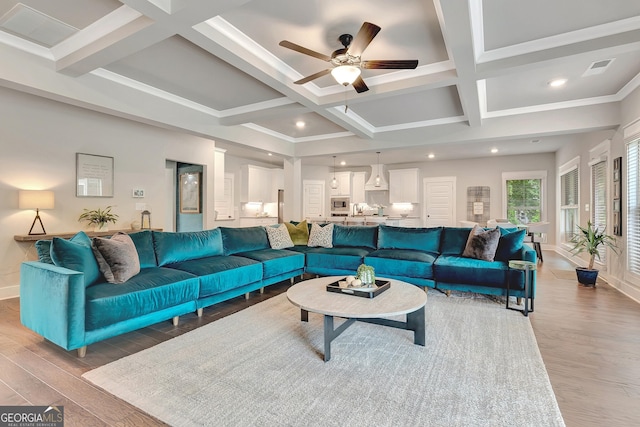 29 Peppertree Dr, Newnan, GA 30265 - living area with coffered ceiling, ceiling fan, light wood-style flooring, beamed ceiling, and recessed lighting
