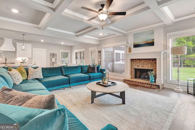 29 Peppertree Dr, Newnan, GA 30265 - living area with light wood finished floors, coffered ceiling, beam ceiling, a ceiling fan, and recessed lighting