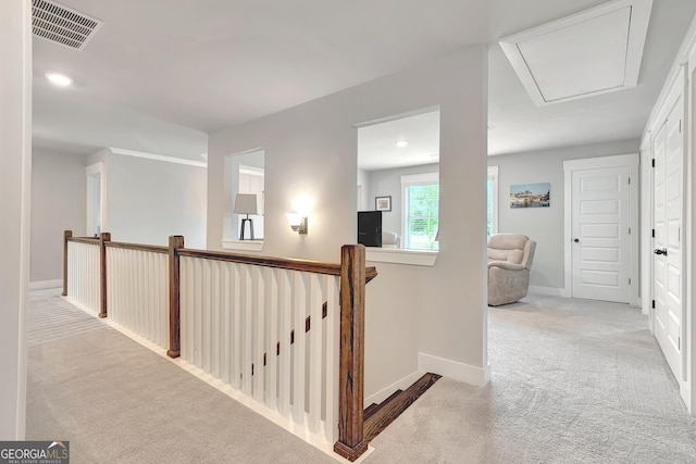 29 Peppertree Dr, Newnan, GA 30265 - corridor with attic access, carpet flooring, an upstairs landing, and recessed lighting