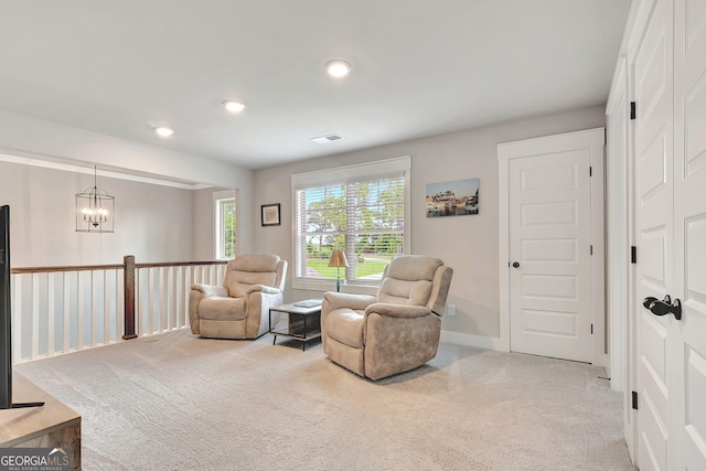 29 Peppertree Dr, Newnan, GA 30265 - living area featuring light colored carpet, a chandelier, and recessed lighting