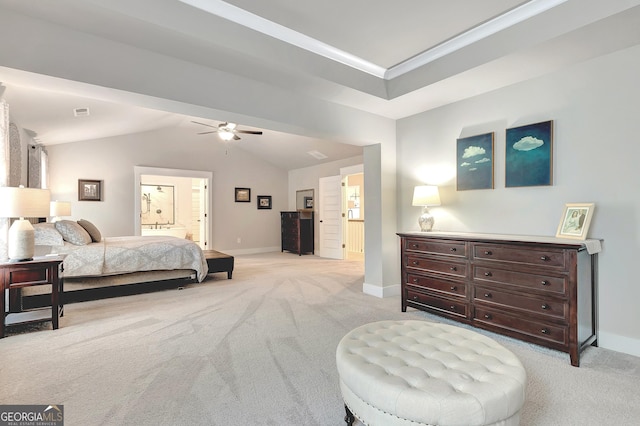29 Peppertree Dr, Newnan, GA 30265 - bedroom featuring light carpet, lofted ceiling, ensuite bath, and a ceiling fan