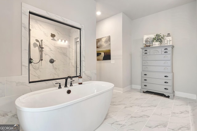 29 Peppertree Dr, Newnan, GA 30265 - full bath with a freestanding bath, marble look tile flooring, and a shower