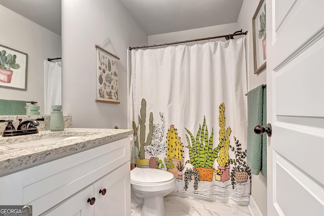 29 Peppertree Dr, Newnan, GA 30265 - bathroom with marble look tiles, vanity, and curtained shower