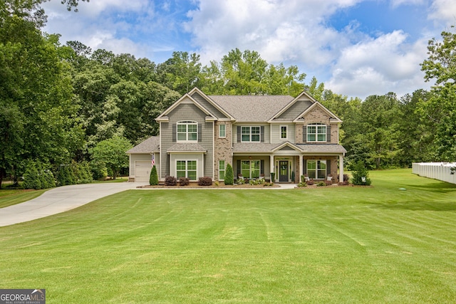 29 Peppertree Dr, Newnan, GA 30265 - craftsman-style home with driveway, a front yard, a porch, a garage, and roof with shingles