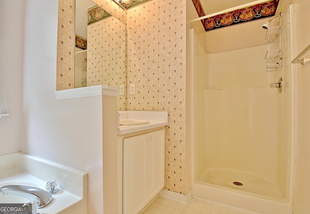 4135 Coursey Lake Rd, Douglasville, GA 30135 - full bath with a walk in shower, tile patterned floors, vanity, and a bathtub