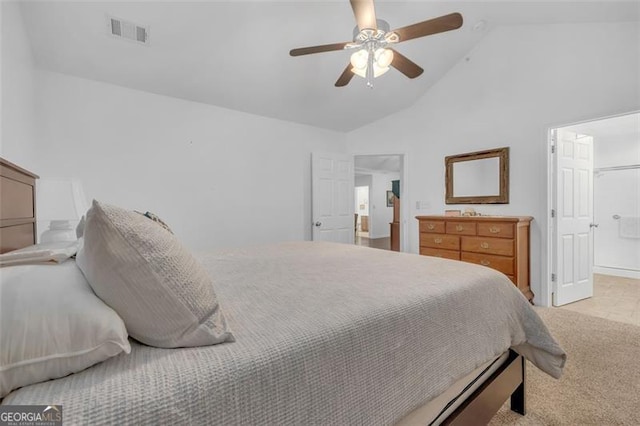 1402 Silver Smt, Conyers, GA 30094 - bedroom featuring high vaulted ceiling, light carpet, and ceiling fan
