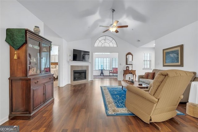 1402 Silver Smt, Conyers, GA 30094 - living area with a ceiling fan, a fireplace, dark wood-type flooring, and high vaulted ceiling