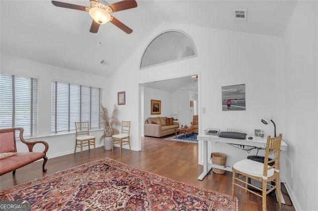 1402 Silver Smt, Conyers, GA 30094 - office featuring wood finished floors, a ceiling fan, and high vaulted ceiling
