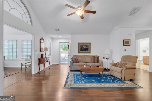 1402 Silver Smt, Conyers, GA 30094 - living area with ceiling fan, wood finished floors, and high vaulted ceiling