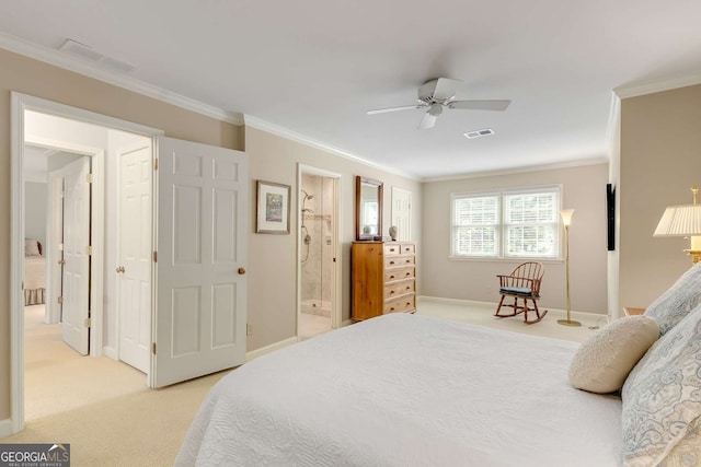 1508 Brianwood Rd Unit 1508, Decatur, GA 30033 - bedroom with light colored carpet, ornamental molding, ensuite bath, and a ceiling fan