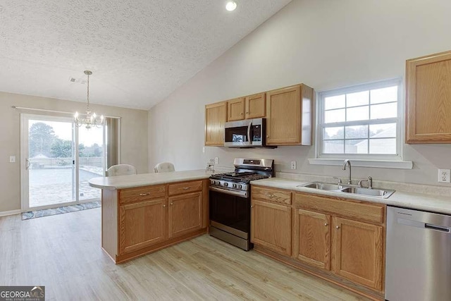 4735 Widgeon Way, Cumming, GA 30028 - kitchen featuring appliances with stainless steel finishes, a peninsula, light wood finished floors, plenty of natural light, and a textured ceiling