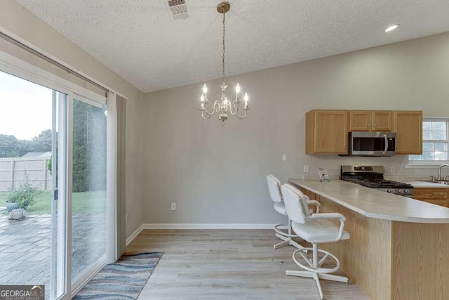 4735 Widgeon Way, Cumming, GA 30028 - kitchen with stainless steel appliances, a textured ceiling, light countertops, a chandelier, and light wood-type flooring