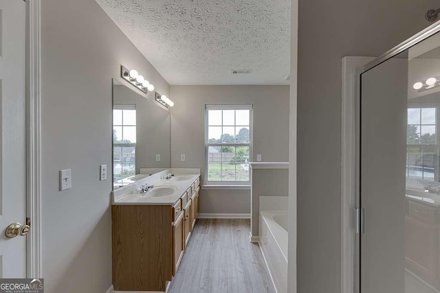 4735 Widgeon Way, Cumming, GA 30028 - bathroom with a textured ceiling, double vanity, wood finished floors, and a bath