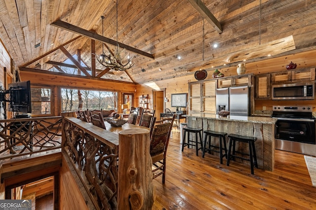 307 Big Timber Rd, Mineral Bluff, GA 30559 - dining space featuring a wood ceiling with exposed beams, hardwood / wood-style floors, high vaulted ceiling, a chandelier, and wooden walls