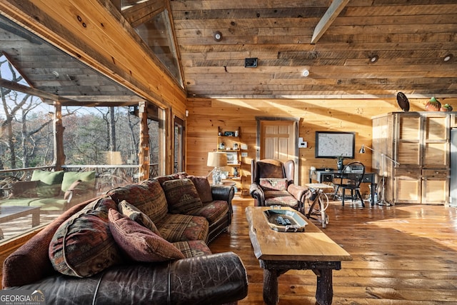 307 Big Timber Rd, Mineral Bluff, GA 30559 - living room with wooden walls, hardwood / wood-style flooring, and wood ceiling