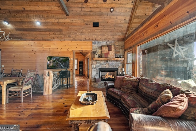 307 Big Timber Rd, Mineral Bluff, GA 30559 - living room with wooden ceiling, hardwood / wood-style flooring, wooden walls, and a stone fireplace