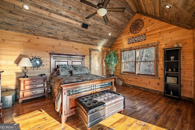 307 Big Timber Rd, Mineral Bluff, GA 30559 - bedroom featuring wooden walls, hardwood / wood-style flooring, lofted ceiling, wood ceiling, and recessed lighting