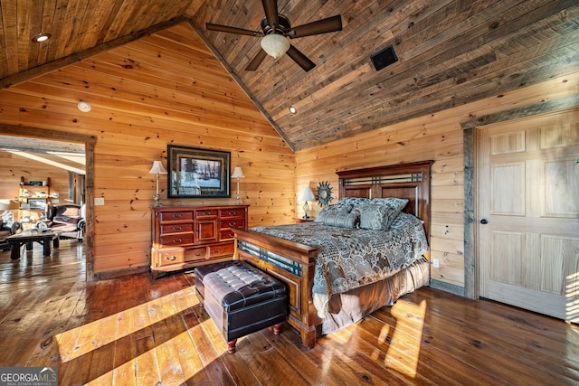 307 Big Timber Rd, Mineral Bluff, GA 30559 - bedroom featuring vaulted ceiling, wood ceiling, wood walls, and hardwood / wood-style floors