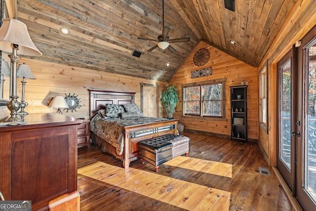 307 Big Timber Rd, Mineral Bluff, GA 30559 - bedroom with wood walls, wooden ceiling, dark wood-type flooring, and lofted ceiling