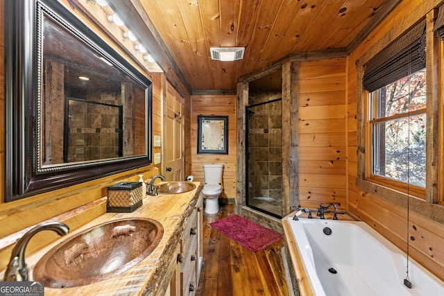 307 Big Timber Rd, Mineral Bluff, GA 30559 - bathroom with wooden ceiling, wooden walls, wood-type flooring, a bath, and double vanity