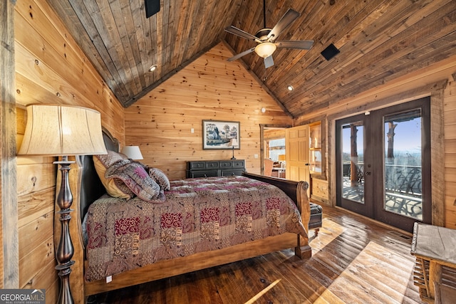 307 Big Timber Rd, Mineral Bluff, GA 30559 - bedroom featuring wood ceiling, french doors, access to exterior, lofted ceiling, and wood walls