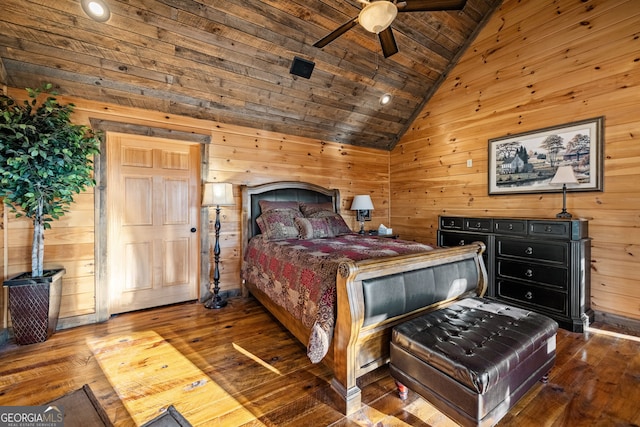 307 Big Timber Rd, Mineral Bluff, GA 30559 - bedroom featuring wood walls, vaulted ceiling, hardwood / wood-style floors, wood ceiling, and a ceiling fan