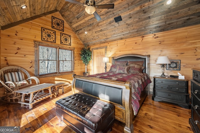 307 Big Timber Rd, Mineral Bluff, GA 30559 - bedroom with wood walls, wood ceiling, hardwood / wood-style floors, high vaulted ceiling, and recessed lighting