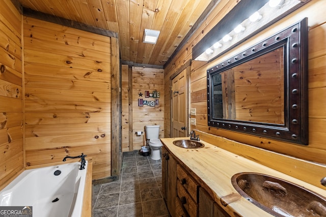 307 Big Timber Rd, Mineral Bluff, GA 30559 - full bathroom with wood walls, wooden ceiling, a tub, double vanity, and tile patterned flooring