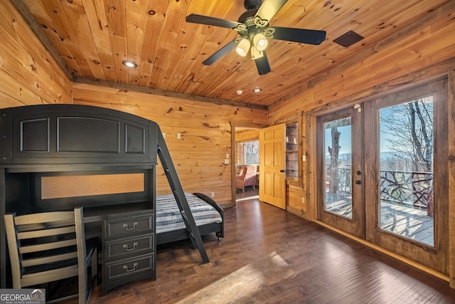 307 Big Timber Rd, Mineral Bluff, GA 30559 - bedroom with access to exterior, wooden ceiling, recessed lighting, multiple windows, and wood walls