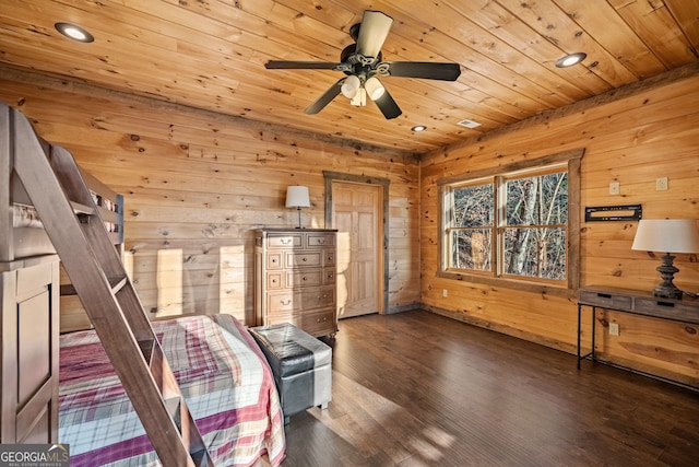 307 Big Timber Rd, Mineral Bluff, GA 30559 - sitting room with wooden ceiling, recessed lighting, wood walls, a ceiling fan, and dark wood finished floors