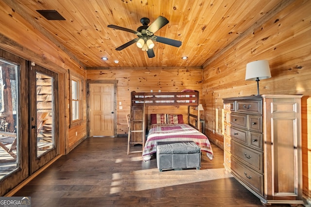 307 Big Timber Rd, Mineral Bluff, GA 30559 - bedroom with wood ceiling, wooden walls, dark wood finished floors, and recessed lighting