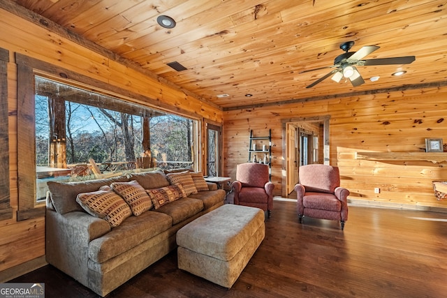 307 Big Timber Rd, Mineral Bluff, GA 30559 - living area with wooden walls, dark wood-style flooring, ceiling fan, and wood ceiling