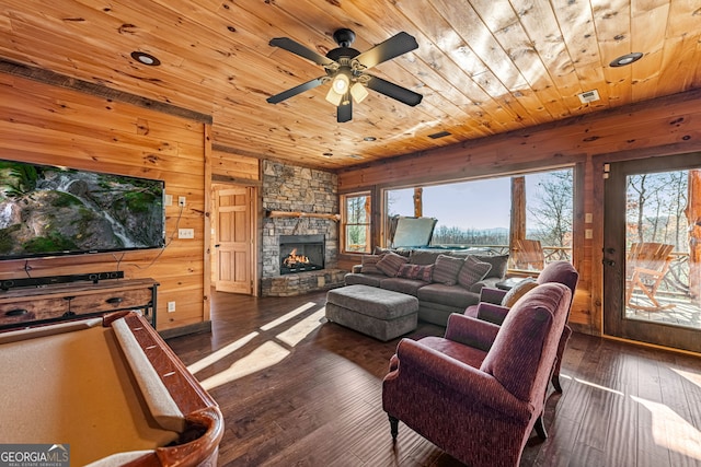 307 Big Timber Rd, Mineral Bluff, GA 30559 - living area featuring wooden ceiling, healthy amount of natural light, wooden walls, a fireplace, and hardwood / wood-style flooring