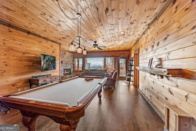 307 Big Timber Rd, Mineral Bluff, GA 30559 - rec room featuring wood walls, pool table, wood ceiling, wood finished floors, and a fireplace