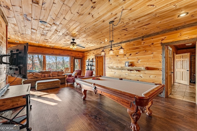 307 Big Timber Rd, Mineral Bluff, GA 30559 - recreation room with wood ceiling, wood-type flooring, wooden walls, a ceiling fan, and pool table