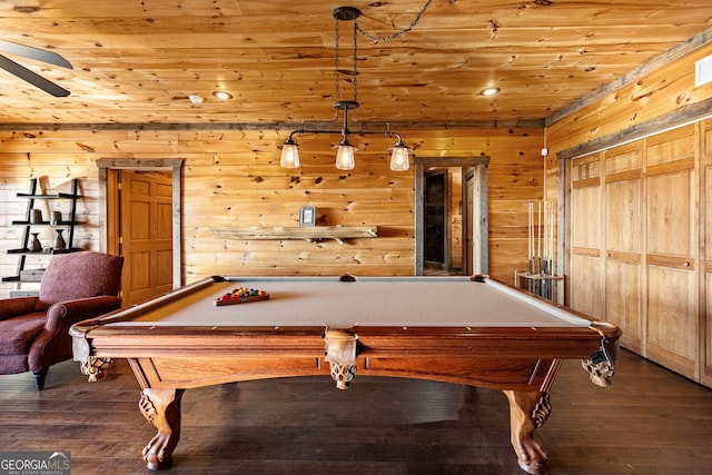 307 Big Timber Rd, Mineral Bluff, GA 30559 - recreation room featuring pool table, wood ceiling, wooden walls, hardwood / wood-style floors, and ceiling fan