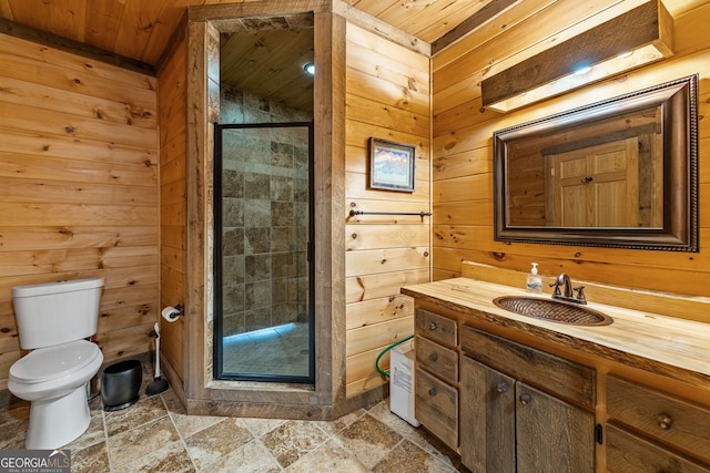 307 Big Timber Rd, Mineral Bluff, GA 30559 - bathroom with stone finish flooring, vanity, wooden ceiling, wood walls, and a shower stall