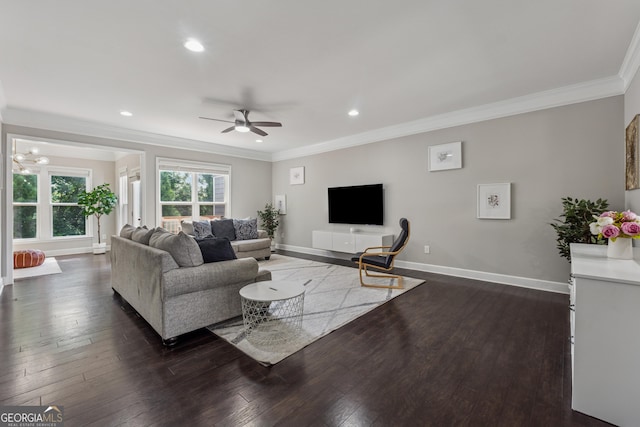 733 Wexford Cove Way, Mableton, GA 30126 - living area featuring a ceiling fan, crown molding, dark wood-type flooring, and recessed lighting