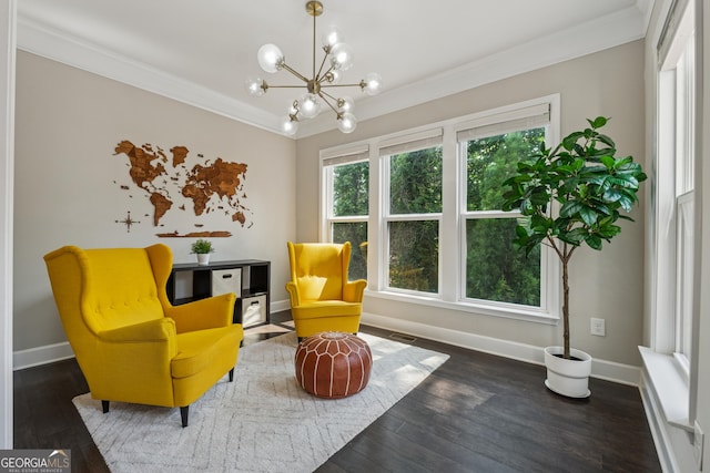 733 Wexford Cove Way, Mableton, GA 30126 - living area featuring ornamental molding, a chandelier, and wood finished floors