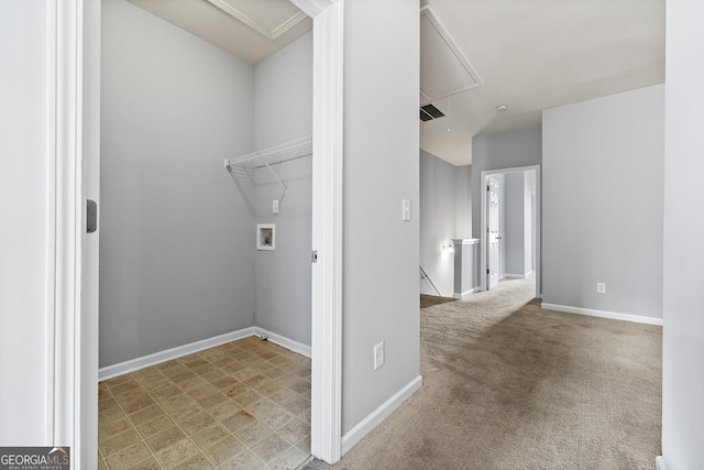 7177 Fringe Flower Dr, Austell, GA 30168 - laundry room with attic access, hookup for a washing machine, and carpet floors