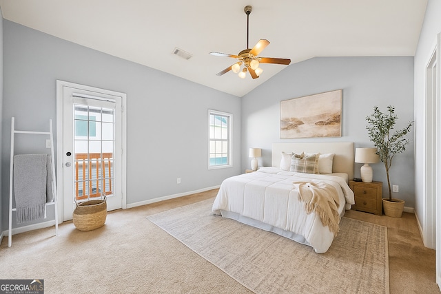 7177 Fringe Flower Dr, Austell, GA 30168 - bedroom with access to exterior, carpet floors, lofted ceiling, and ceiling fan